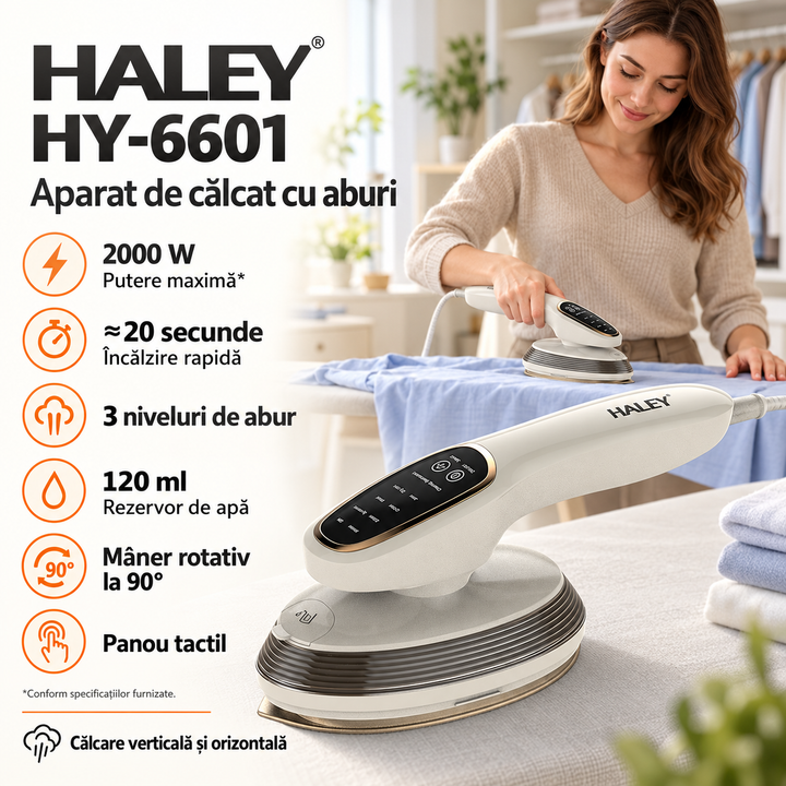 Aparat de Călcat Vertical și Orizontal cu Aburi HALEY® HY-6601, 2000W, Cap Rotativ la 90°, Panou de Control Tactil, Încălzire Rapidă în 20 Secunde, 3 Niveluri de Abur, Rezervor 120 ml, Funcție de Călcare Uscată