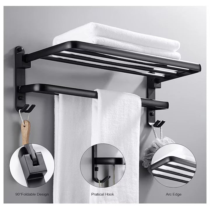 Suport Pliabil pentru Prosoape Baie AT PERFORMANCE®, Oțel Inoxidabil Negru, 60x21x19 cm – Compact, Elegant, Ușor de Montat