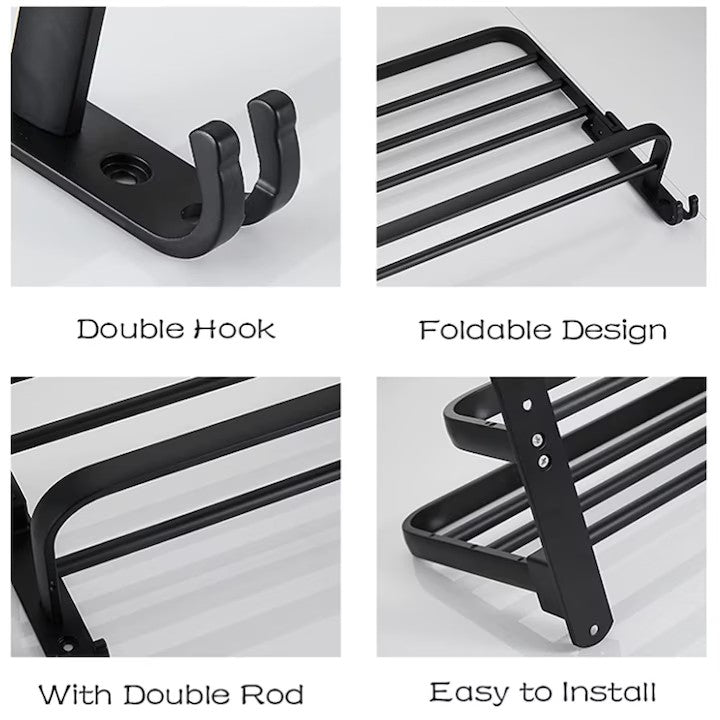 Suport Pliabil pentru Prosoape Baie AT PERFORMANCE®, Oțel Inoxidabil Negru, 60x21x19 cm – Compact, Elegant, Ușor de Montat