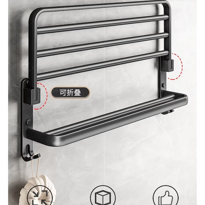 Suport Pliabil pentru Prosoape Baie AT PERFORMANCE®, Oțel Inoxidabil Negru, 60x21x19 cm – Compact, Elegant, Ușor de Montat