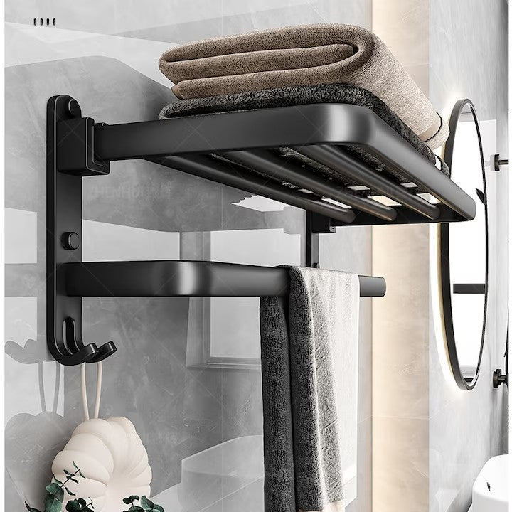 Suport Pliabil pentru Prosoape Baie AT PERFORMANCE®, Oțel Inoxidabil Negru, 60x21x19 cm – Compact, Elegant, Ușor de Montat