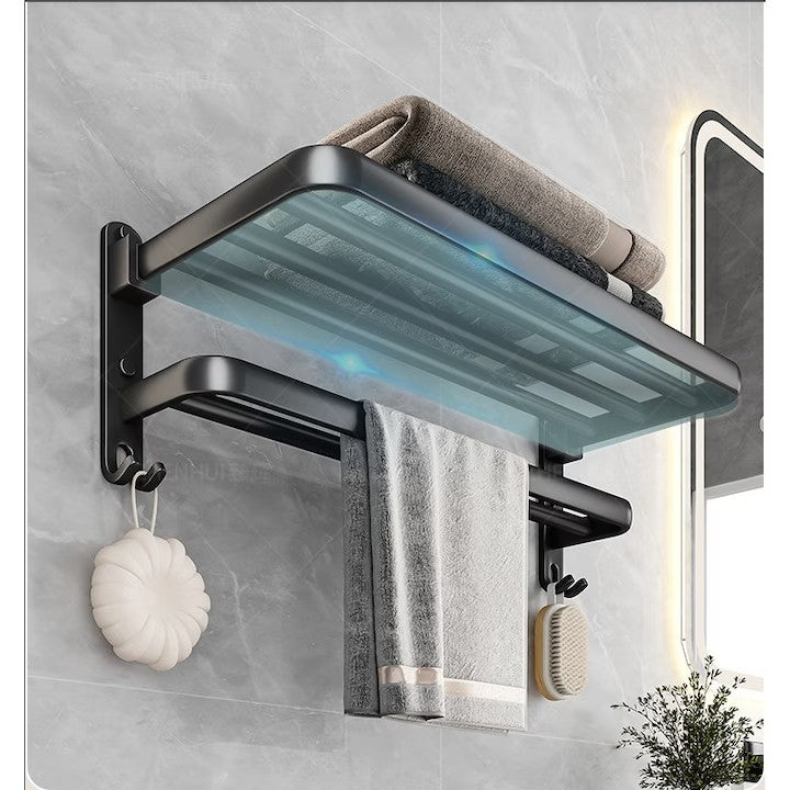 Suport Pliabil pentru Prosoape Baie AT PERFORMANCE®, Oțel Inoxidabil Negru, 60x21x19 cm – Compact, Elegant, Ușor de Montat