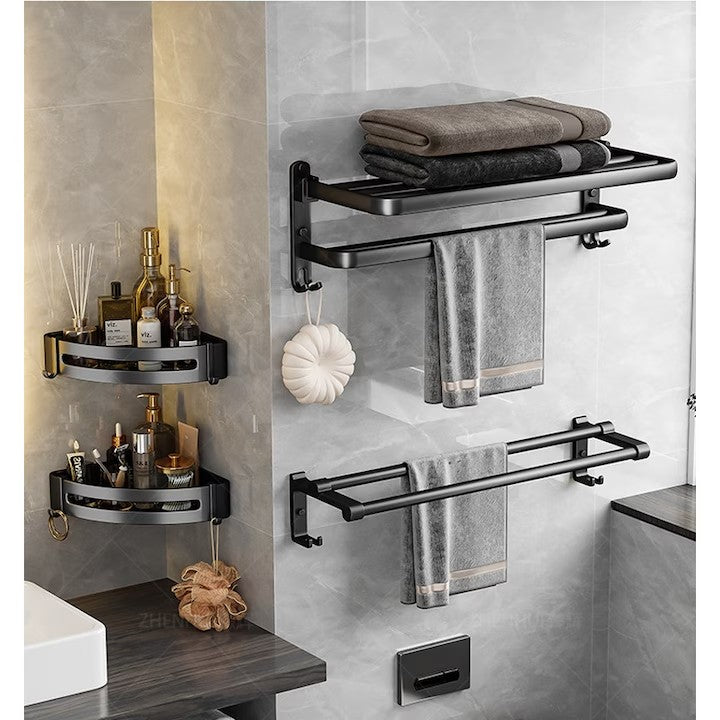 Suport Pliabil pentru Prosoape Baie AT PERFORMANCE®, Oțel Inoxidabil Negru, 60x21x19 cm – Compact, Elegant, Ușor de Montat
