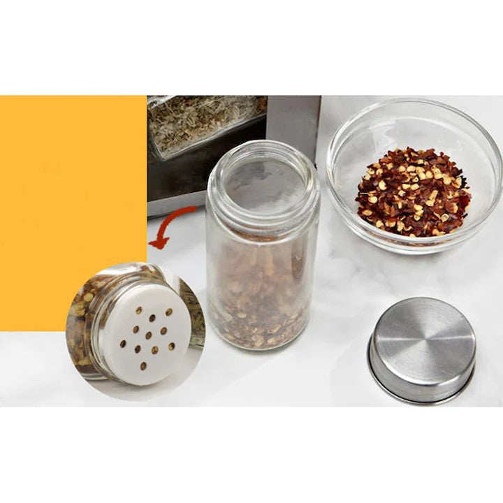 Set 12 recipiente condimente cu suport rotativ,inox