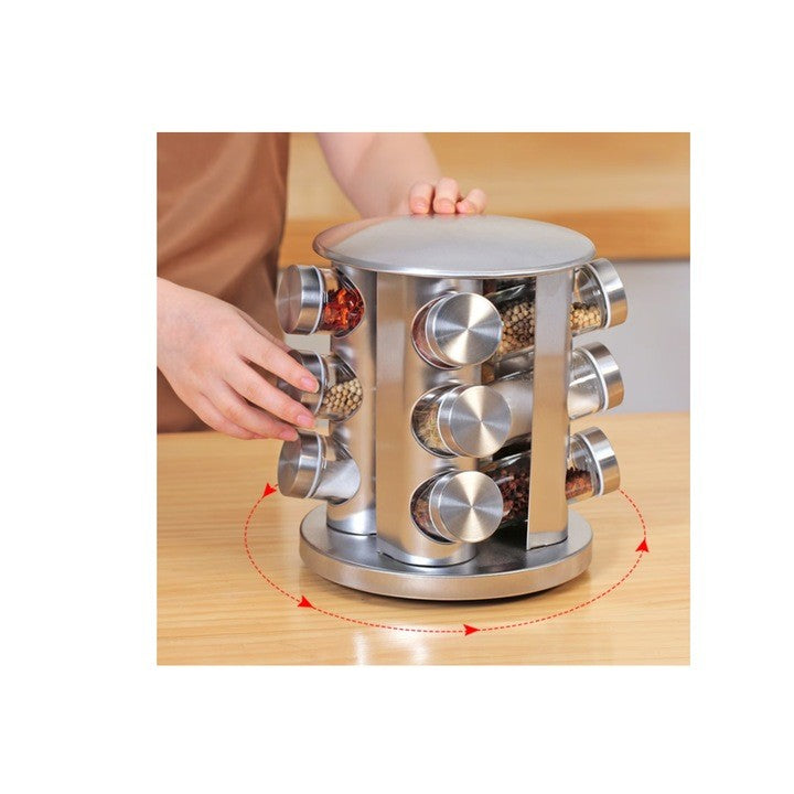 Set 12 recipiente condimente cu suport rotativ,inox