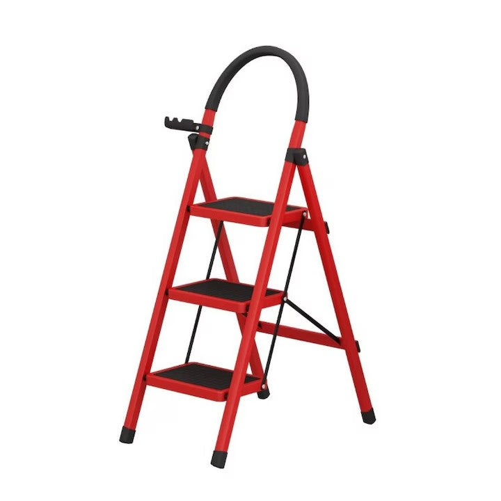 Scara Pliabila cu 3 Trepte Late, At Performance, 72x59x41 cm, Metalica, Maxim 150 Kg, Picioare Antialunecare, Rosu-Negru.