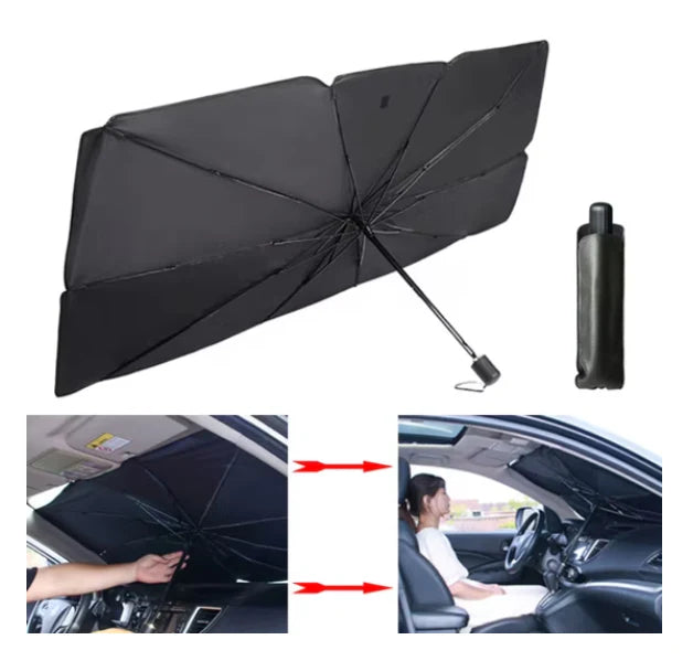 Parasolar Auto Pliabil, Pentru Masina, 140 X 75 Cm, In Forma De Umbrela, Negru-Argintiu, Rezistent UV