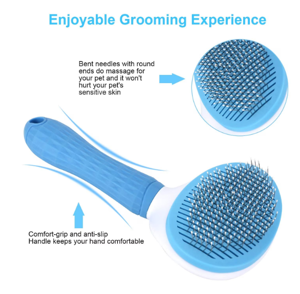 Perie cu buton auto-curatare pentru animale, AT PERFORMANCE, utila in curatarea si ingrijirea parului, 20x10x6 cm, pisici, caini, iepuri, albastra