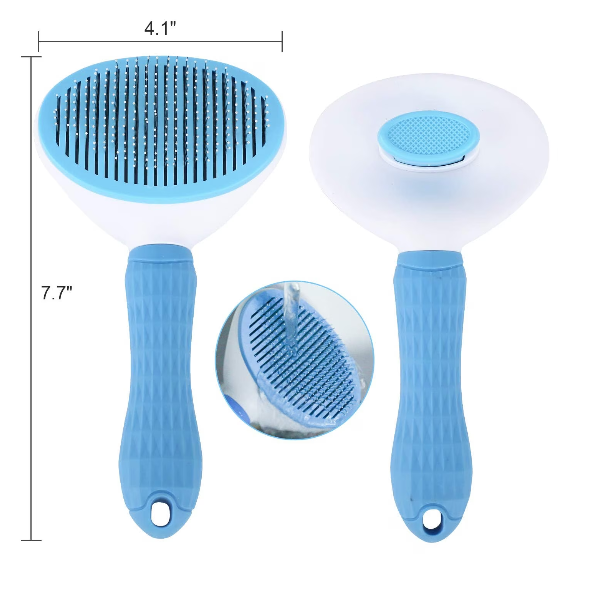 Perie cu buton auto-curatare pentru animale, AT PERFORMANCE, utila in curatarea si ingrijirea parului, 20x10x6 cm, pisici, caini, iepuri, albastra