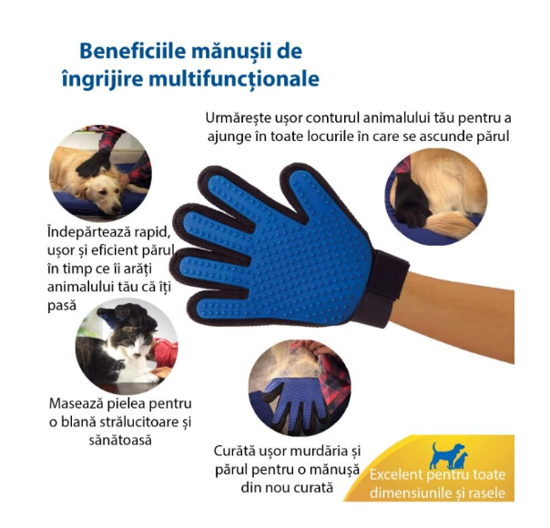 Manusa-perie de ingrijire caini, pisici si alte animale de companie, At Performance, pentru mana dreapta, Albastru cu negru