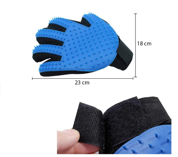 Manusa-perie de ingrijire caini, pisici si alte animale de companie, At Performance, pentru mana dreapta, Albastru cu negru