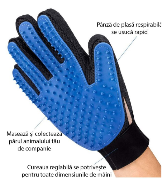 Manusa-perie de ingrijire caini, pisici si alte animale de companie, At Performance, pentru mana dreapta, Albastru cu negru
