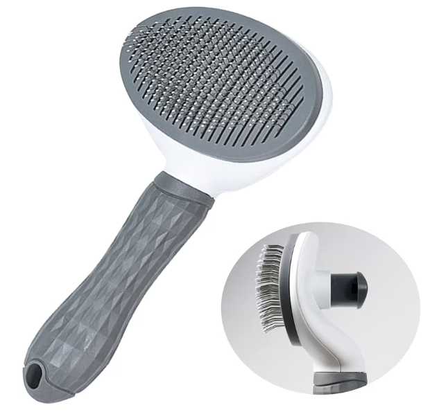 Perie animale pentru curatarea si ingrijirea parului, cu buton auto-curatare, pisici, caini, iepuri, gri