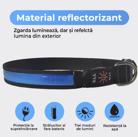 Zgarda Pentru caini, At Performance, cu Banda LED Albastru, Cusatura Reflectorizanta cu 3 Moduri de Iluminare, Marime S, Acumulator, Incarcare USB, Negru/Albastru