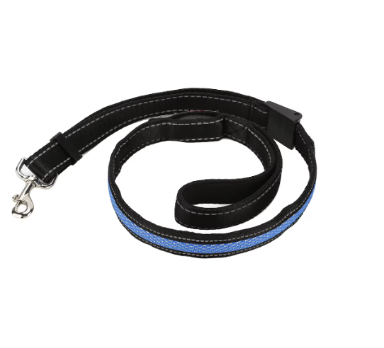 Lesa Pentru caini si pisici At Performance, cu Banda LED Albastra, Cusatura Reflectorizanta, cu 3 Moduluri de iluminare, 90-115 cm, Acumulator, Incarcare USB Negru/Albastru