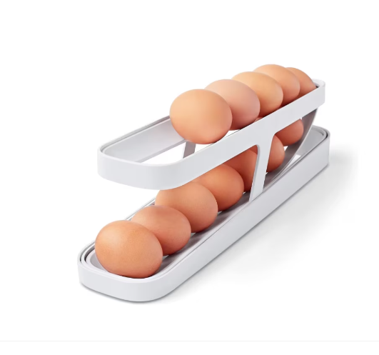 Suport organizator oua pentru frigider, AT PERFORMANCE®, cu rulare automata, depozitare 12-14, Transparent, Alb