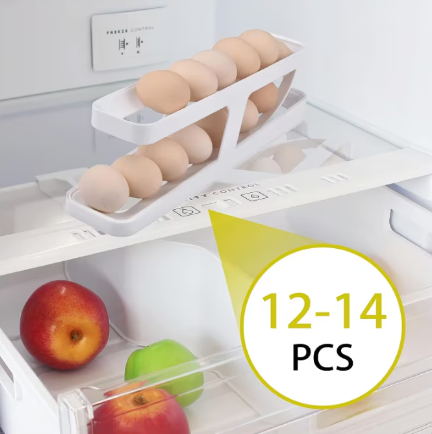 Suport organizator oua pentru frigider, AT PERFORMANCE®, cu rulare automata, depozitare 12-14, Transparent, Alb