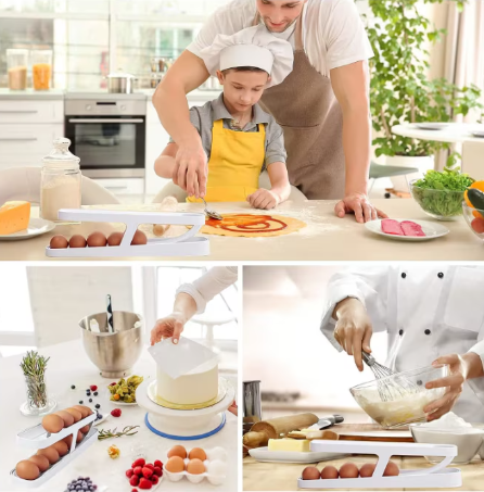 Suport organizator oua pentru frigider, AT PERFORMANCE®, cu rulare automata, depozitare 12-14, Transparent, Alb