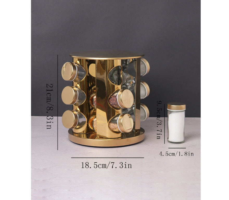 Set 12 recipiente, At Performance, pentru condimente, cu suport inox rotativ, auriu