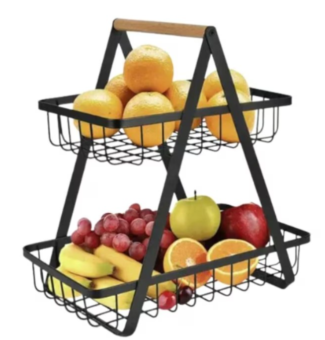 Cos de fructe,  decorativ, Metal, 2 etaje, Negru