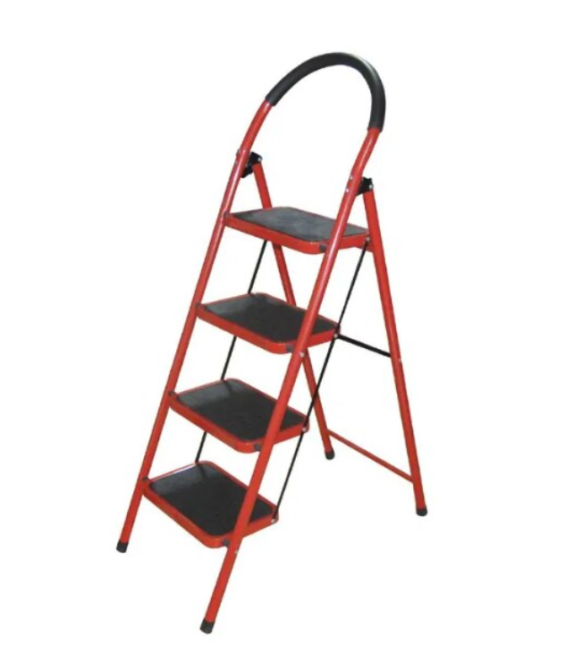 Scara Pliabila cu 4 Trepte Late, At Performance, Metalica, Maxim 150 Kg, Picioare Antialunecare, Rosu-Negru