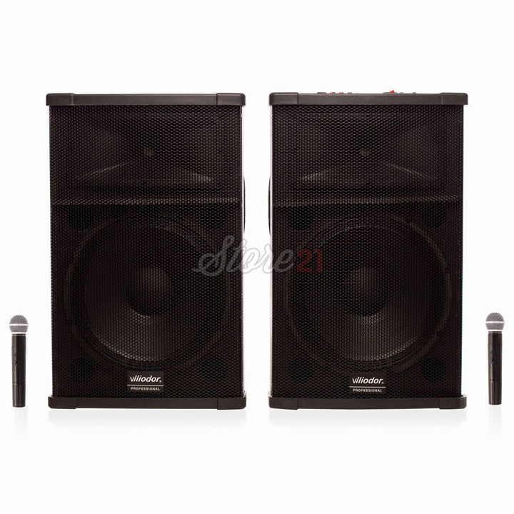 Set Boxe active 800 W profesionale Vlliodor 2005,15 INCH, 2 Microfoane Wireless, USB, Radio, Bluetooth