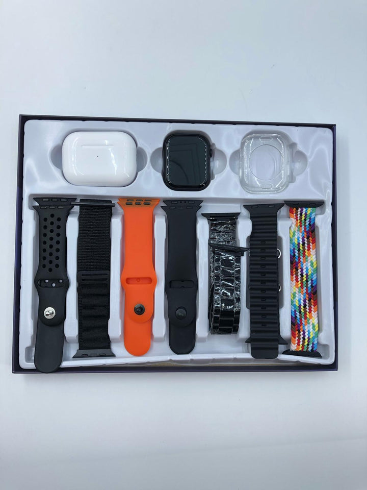 Pachet Smartwatch Ultra + Căști Wireless AT PERFORMANCE® – Ceas Inteligent cu Apeluri, Monitorizare Sănătate, 7 Curele, Husă și Încărcător Wireless
