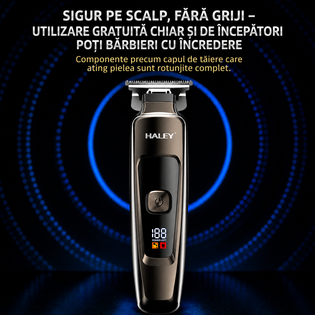 Mașină Profesională de Tuns și Contur HALEY HY-4500, Acumulator 1200mAh, Autonomie 200 Min, Lamă din Oțel, Display Digital, Reîncărcabilă