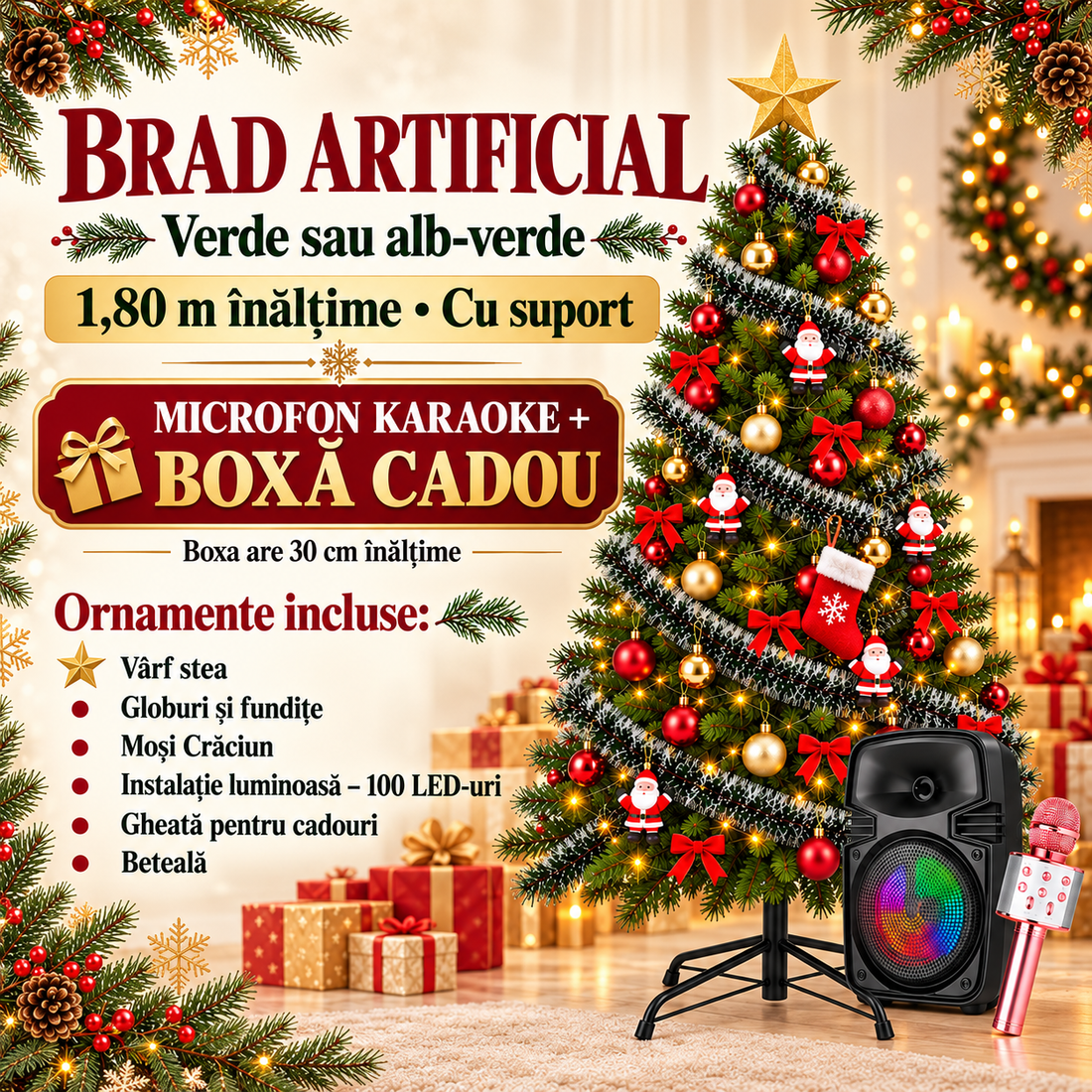 Brad artificial, 1.80 m, complet impodobit plus microfon karaoke si boxa cadou
