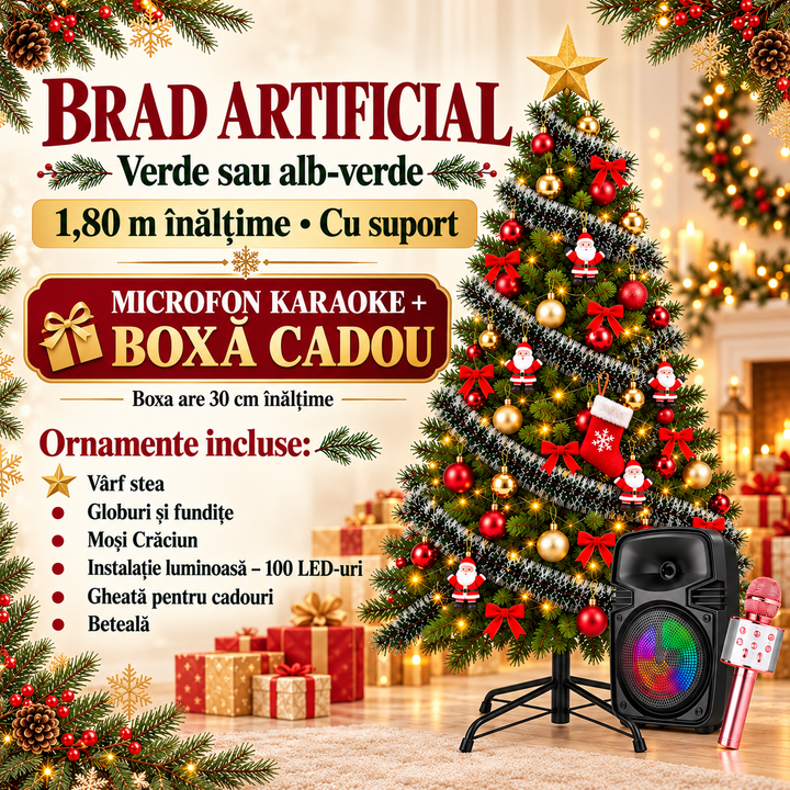Brad artificial, 1.80 m, complet impodobit plus microfon karaoke si boxa cadou