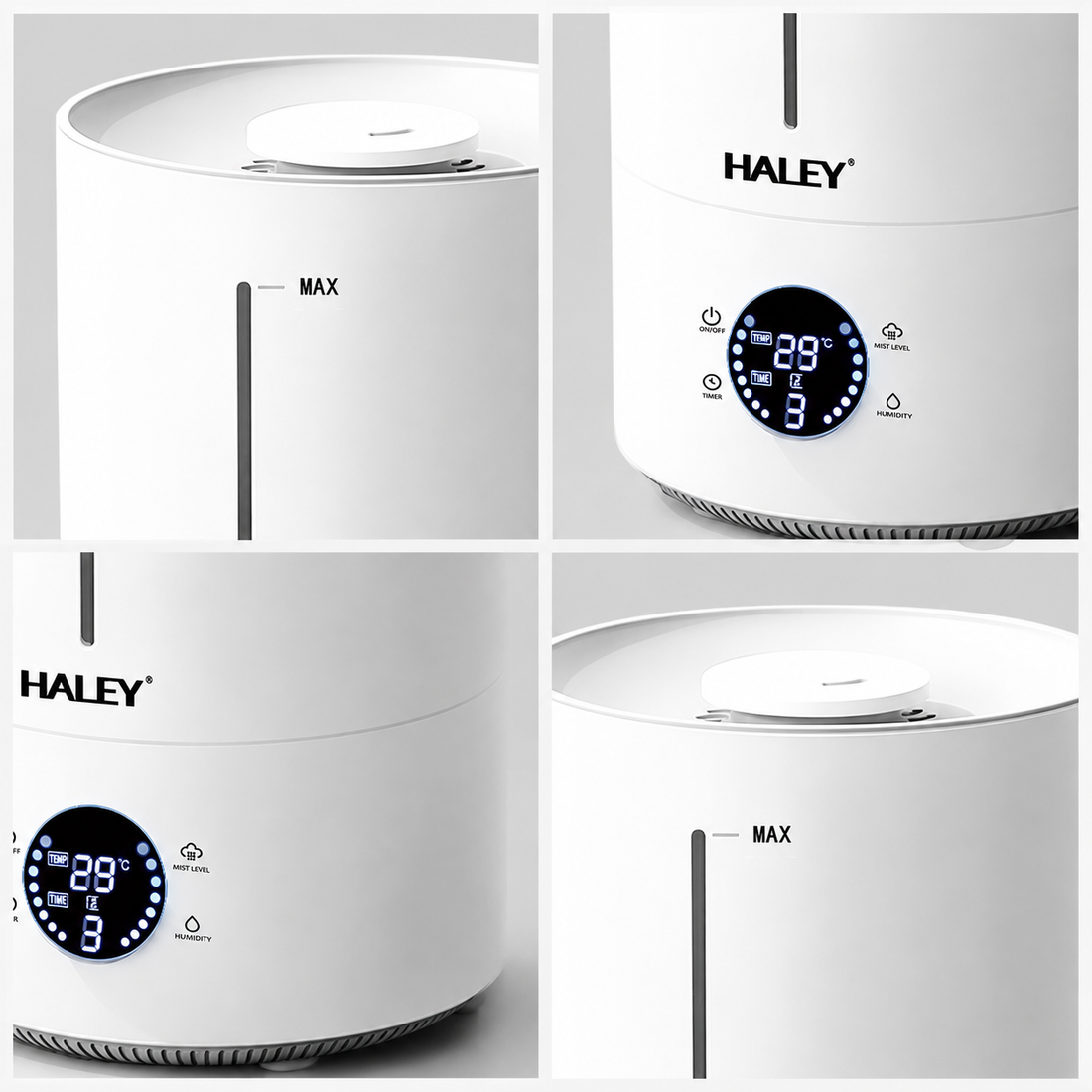 Umidificator de Aer HALEY HY-3101, Rezervor 5L, Umidificare 360°, Intensitate Reglabilă, Umplere de Sus, Panou Digital, 1000W, Alb