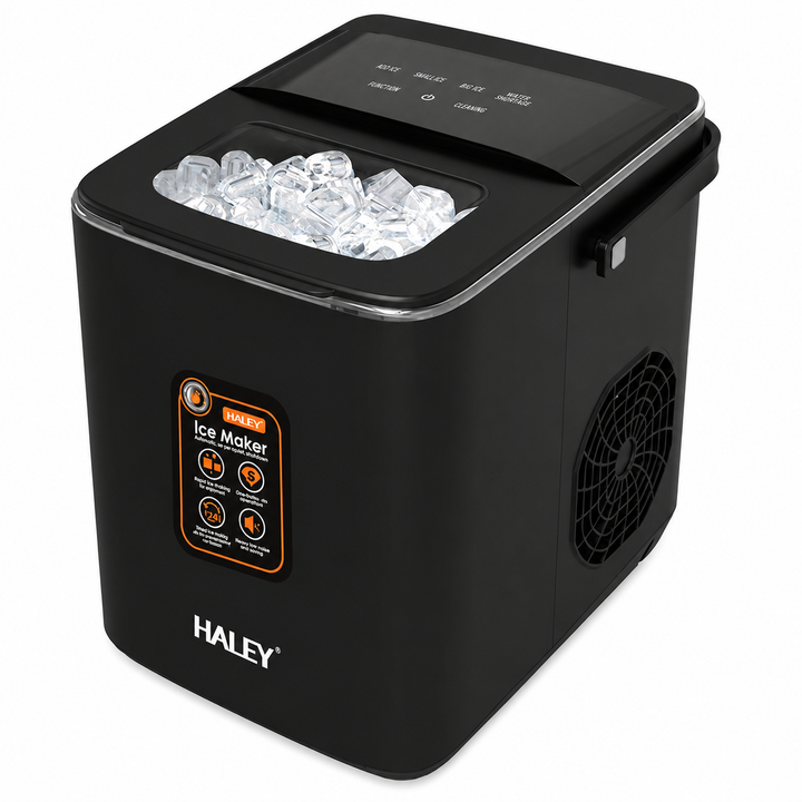 Mașină de Gheață Haley HY-6102, 100W, 12 Kg/24h, 9 Cuburi/Ciclu, Rezervor 1.8L, 2 Dimensiuni Gheață, Producție Continuă, Negru
