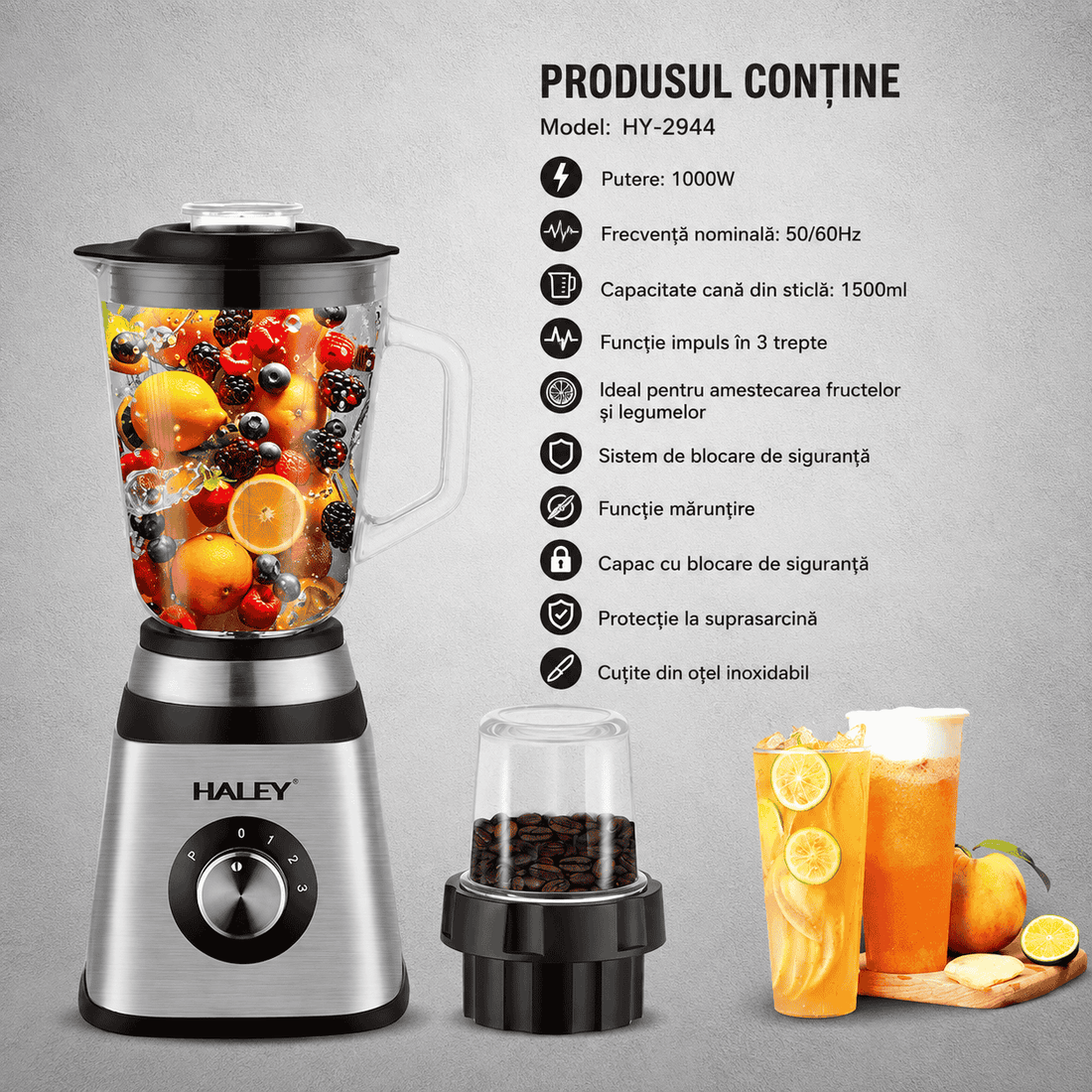 Blender Multifuncțional HALEY HY-2944 2 în 1, 1000W, Cană Din Sticlă 1,5L, Râșniță, 3 Trepte + Pulse, Funcție Zdrobire Gheață
