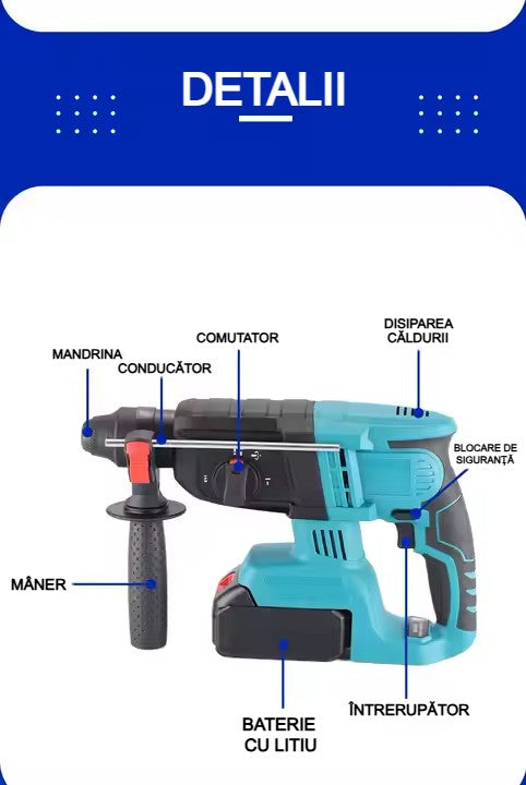 Mașină de Găurit Electrică AT PERFORMANCE® 1680W, 3500rpm, 2 Baterii 98V, 26mm, Fără Fir, Albastru – Putere și Precizie pentru Profesioniști și Bricolaj