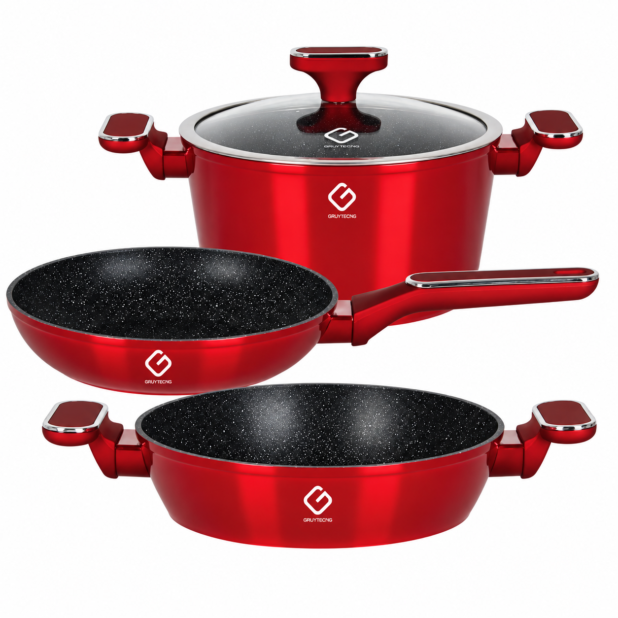 Set Vase Grunberg GR2717, 4 Piese, Aluminiu Turnat, Strat Antiaderent Marmorat, Capac din Sticlă, 24 cm, Compatibil cu Inducție