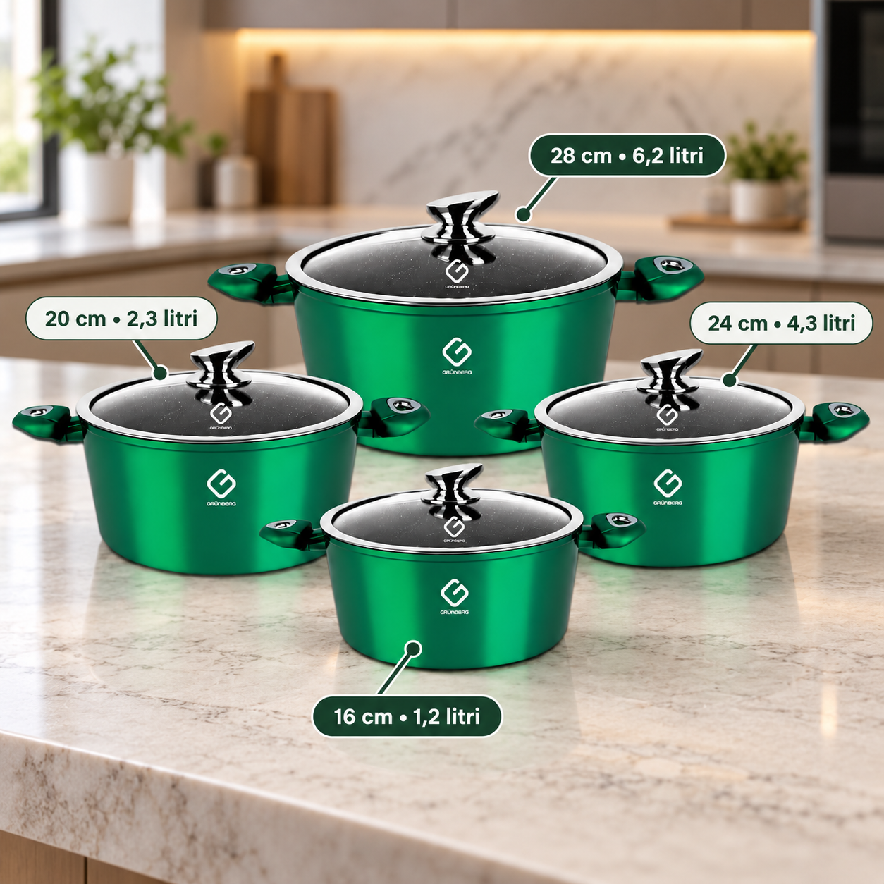Set 4 Oale Grunberg GR2716, 8 Piese, Aluminiu Turnat, Înveliș Antiaderent Marmorat, Capace din Sticlă, Compatibil cu Inducție