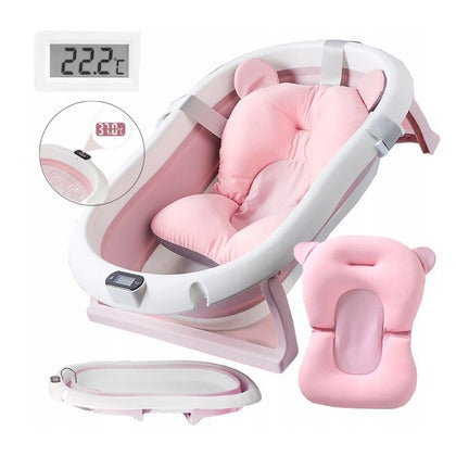 Cadita pliabila roz pentru nou nascuti cu pernita si termometru incorporat