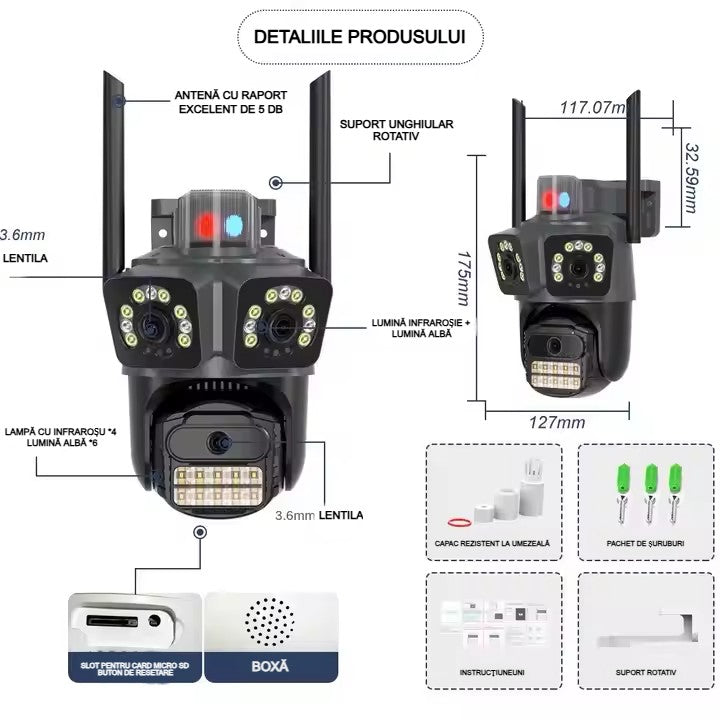 Cameră Supraveghere WiFi cu 3 Camere AT PERFORMANCE® – 15MP 8K, PTZ, Audio, Alarmă, Exterior, IP66