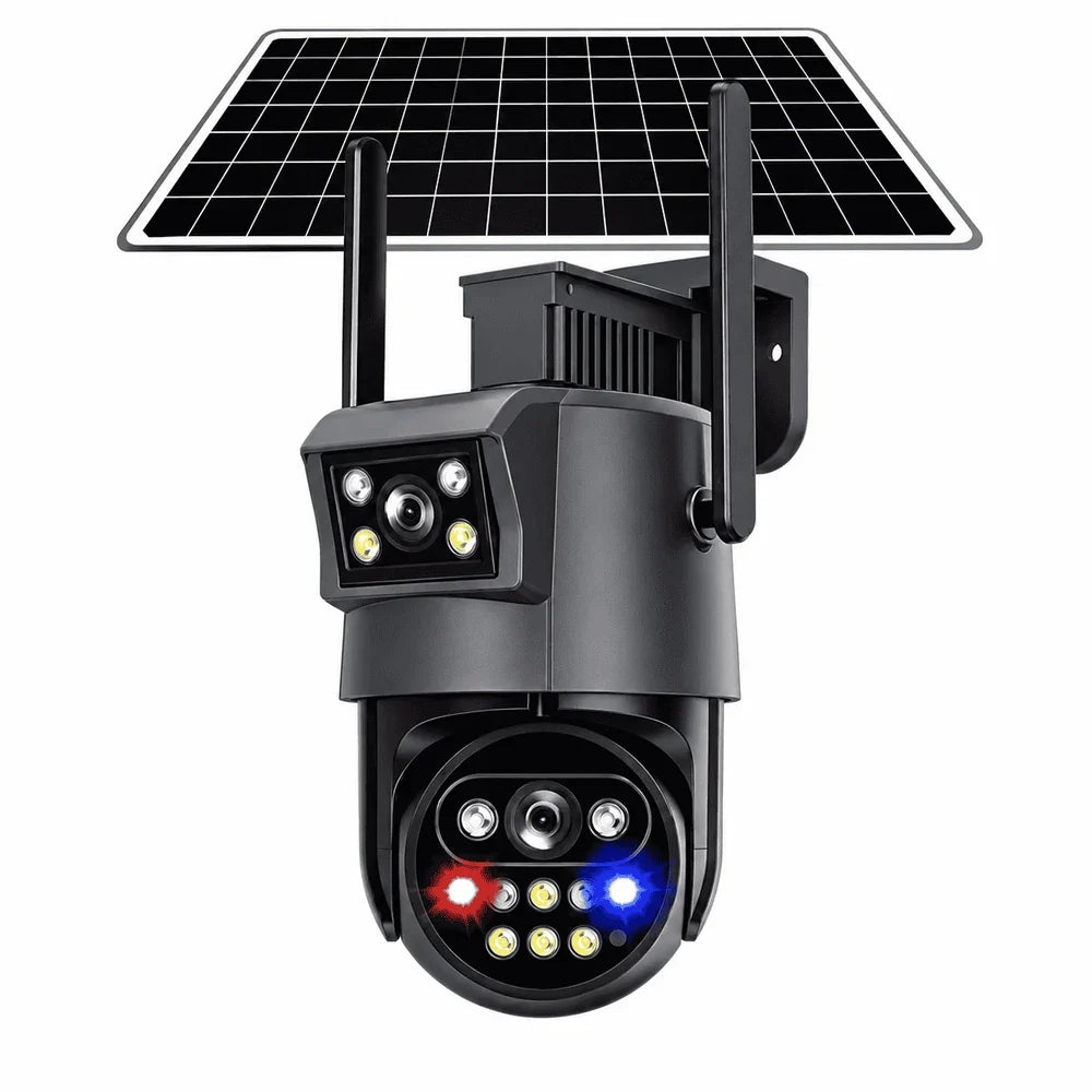Cameră de Supraveghere Solară 4G AOV cu 2 Obiective, Monitorizare Video Continuă 24H, IP66, Acumulator Integrat, Panou Solar, Card TF și Cloud, Alarmă cu Notificări