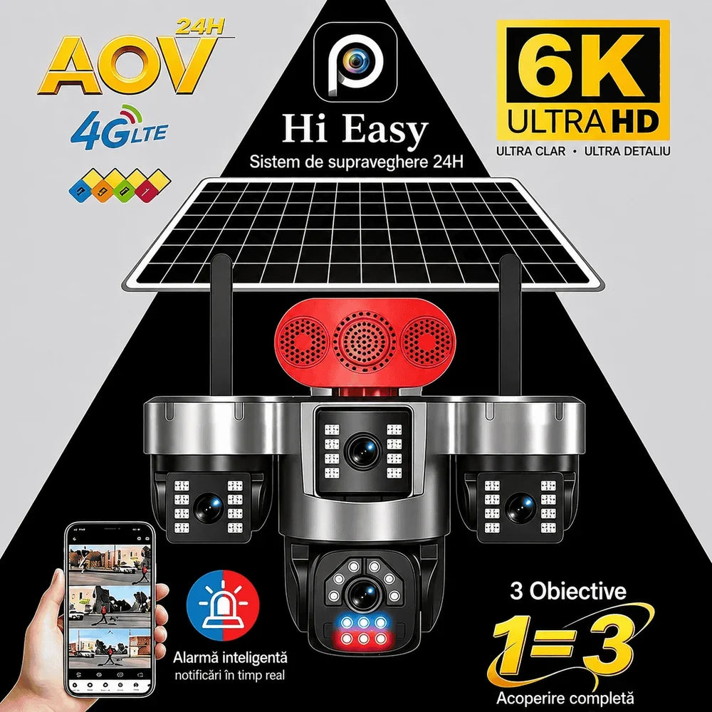Cameră de Supraveghere Solară 4G cu 3 Lentile de 5MP, Obiectiv Central Rotire 360°, Laterale 90°, 6K Ultra HD, AOV 24/24, IP66, Panou Solar, Card TF și Cloud