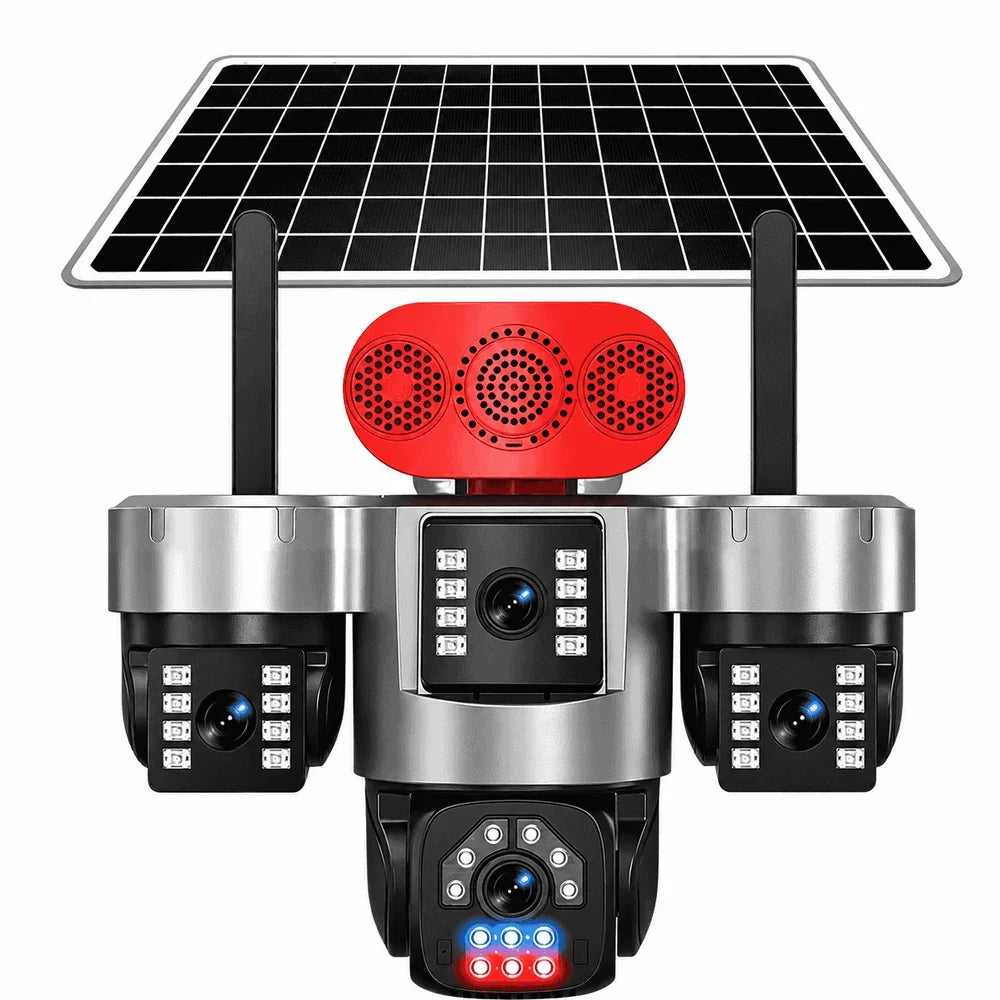 Cameră de Supraveghere Solară 4G cu 3 Lentile de 5MP, Obiectiv Central Rotire 360°, Laterale 90°, 6K Ultra HD, AOV 24/24, IP66, Panou Solar, Card TF și Cloud