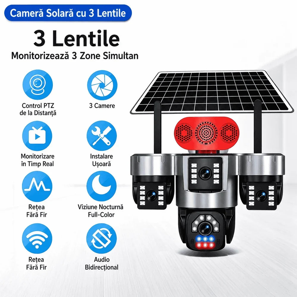 Cameră de Supraveghere Solară 4G cu 3 Lentile de 5MP, Obiectiv Central Rotire 360°, Laterale 90°, 6K Ultra HD, AOV 24/24, IP66, Panou Solar, Card TF și Cloud