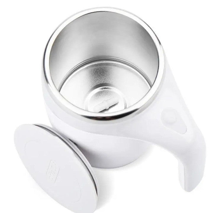 Cana Magnetica AT PERFORMANCE®, Inteligenta cu Amestecare Rotativa Automata, Electrica, Tip termos, Cu capac, Interior din otel inoxidabil, Capacitate 380 ml, Incarcare USB, Alba.