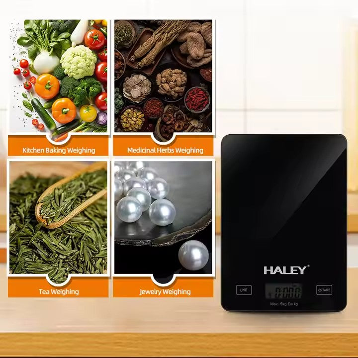 Cântar Electronic HALEY, 5000G, din Sticlă, pentru Bucătărie, Digitală de Înaltă Precizie, Negru