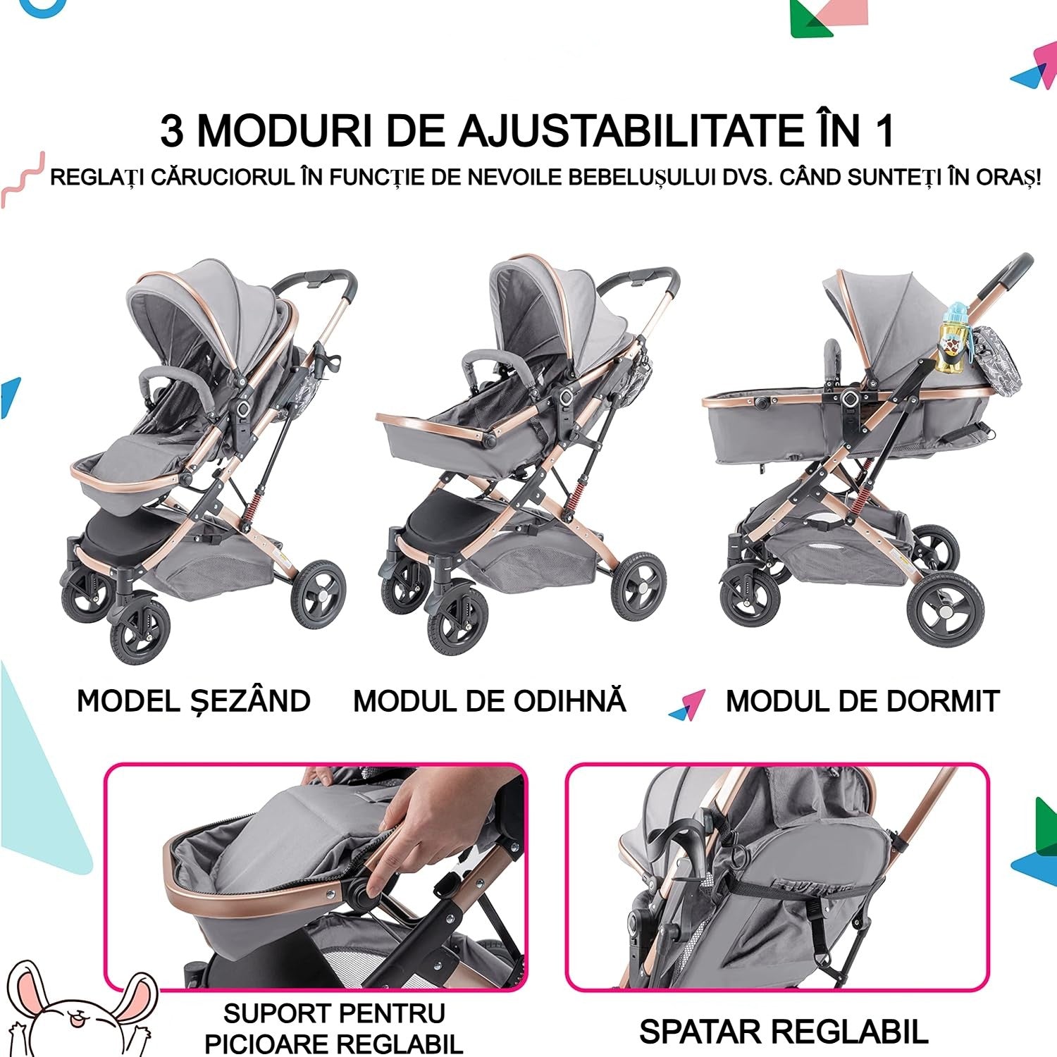 Carucior, 2 in 1 KIDOO® – Cărucior Pliabil cu Fața Inversă pentru Bebeluși cu Diverse Moduri, Cărucior Reglabil și Culisant