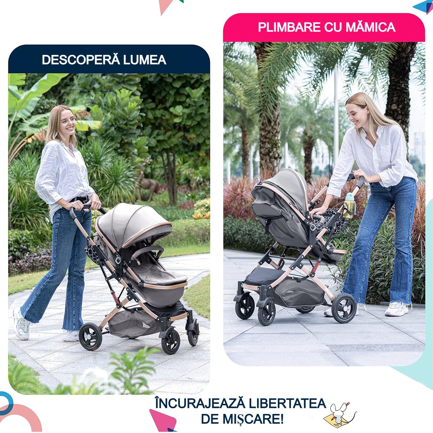 Carucior, 2 in 1 KIDOO® – Cărucior Pliabil cu Fața Inversă pentru Bebeluși cu Diverse Moduri, Cărucior Reglabil și Culisant