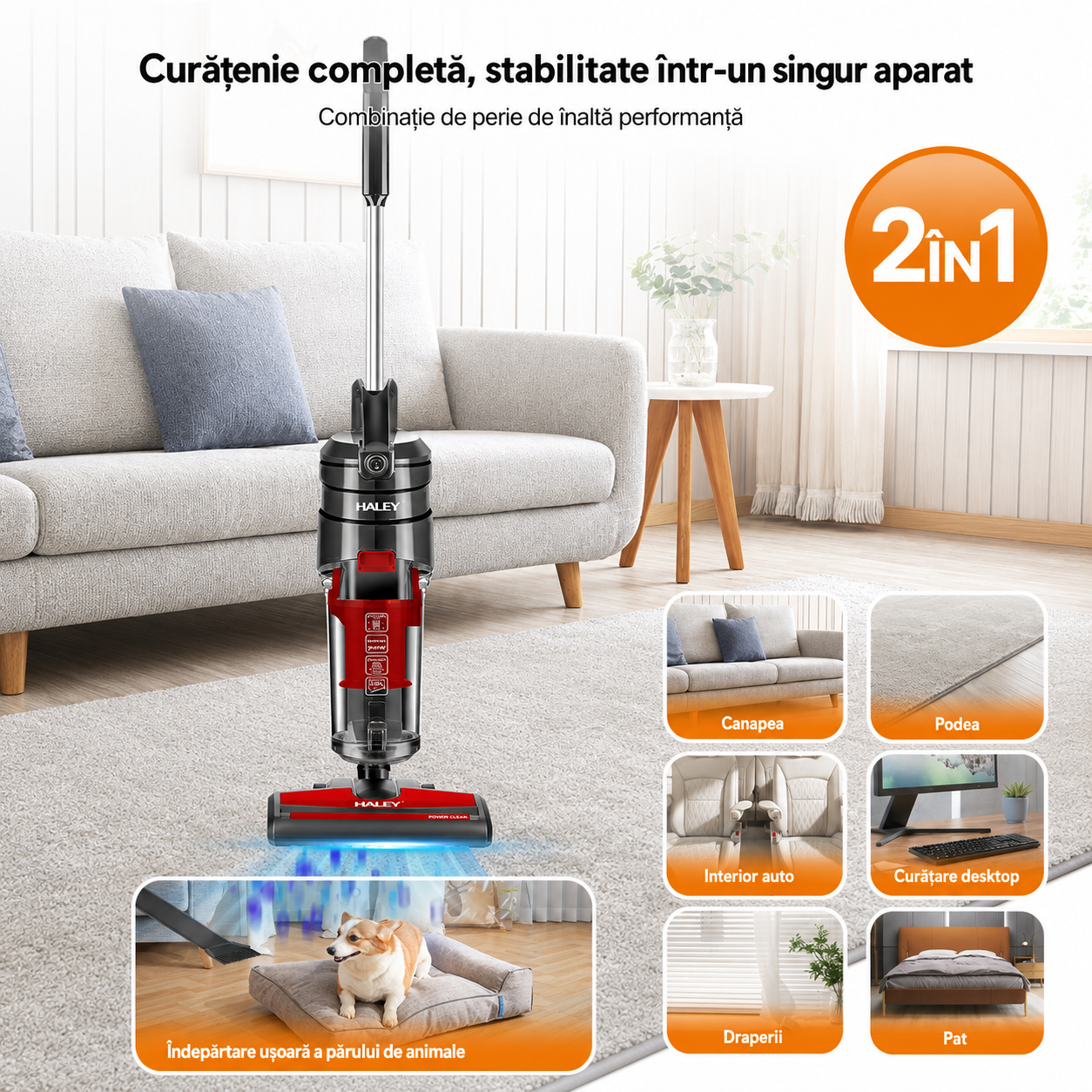 Aspirator Vertical Fără Sac HALEY HY-1921, 1500W, Tehnologie Cyclone, Filtru HEPA, Recipient 2L, Cablu 3,8 m