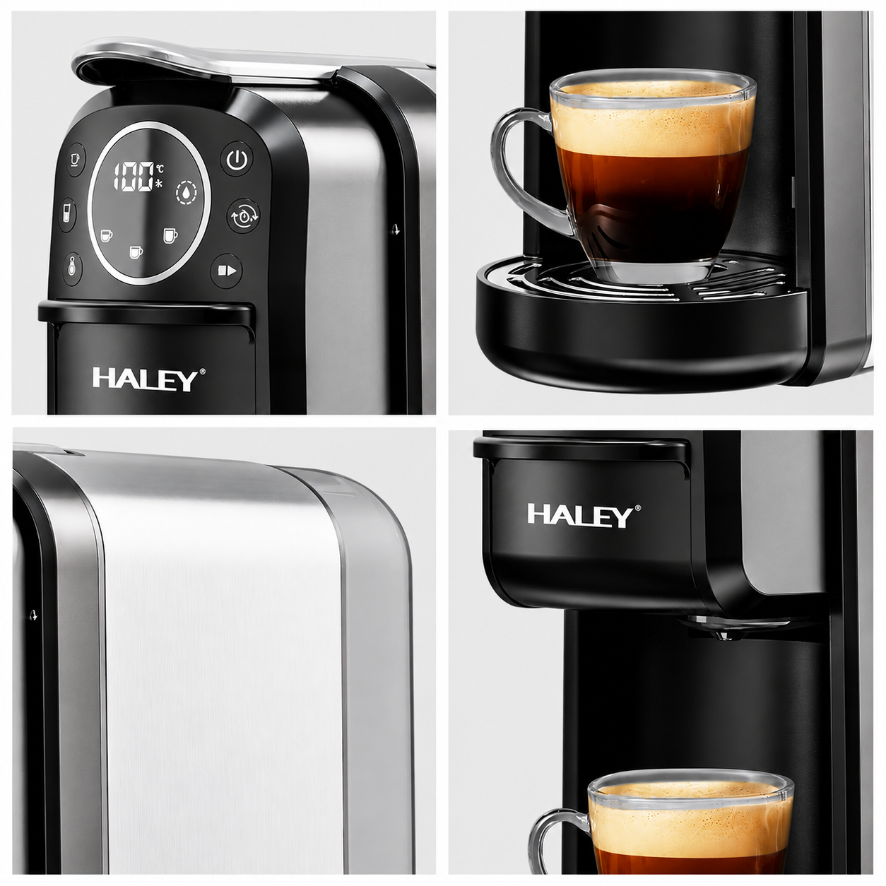 Espressor Cu Capsule HALEY HY-2833 4 În 1, 20 Bari, 1400W, Rezervor 700 ml, Control Tactil, Temperatură Reglabilă