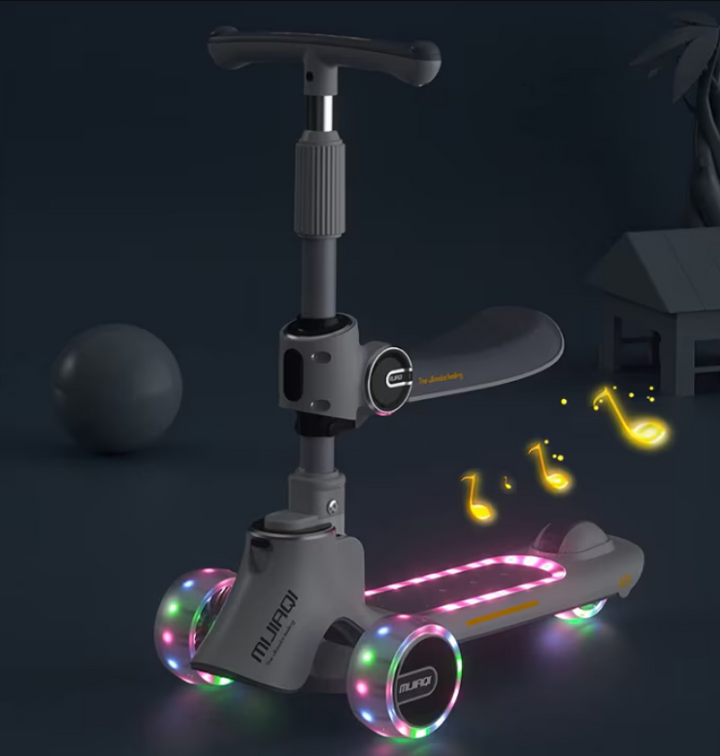 Trotineta 3 In 1, At Performance, Pentru Copii, Ghidon Reglabil Pe Inaltime, Imbunatatit, Scaun Detasabil, 3 Roti Led, Punte Antialunecare, Albastru