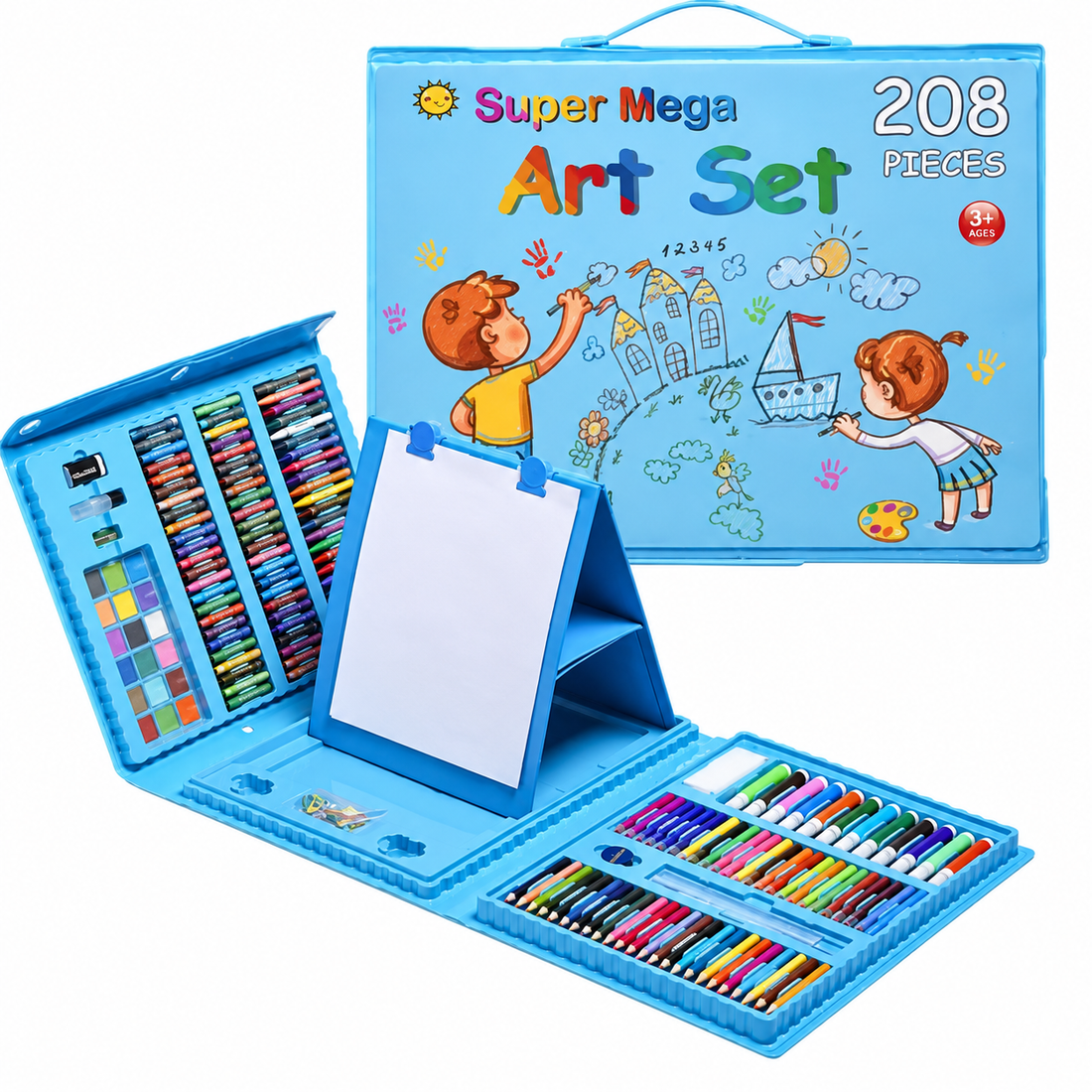 Set de Desen și Pictură pentru Copii, 208 Piese, Carioci, Creioane Colorate, Acuarele și Pensule, în Valiză, Albastru și Roz
